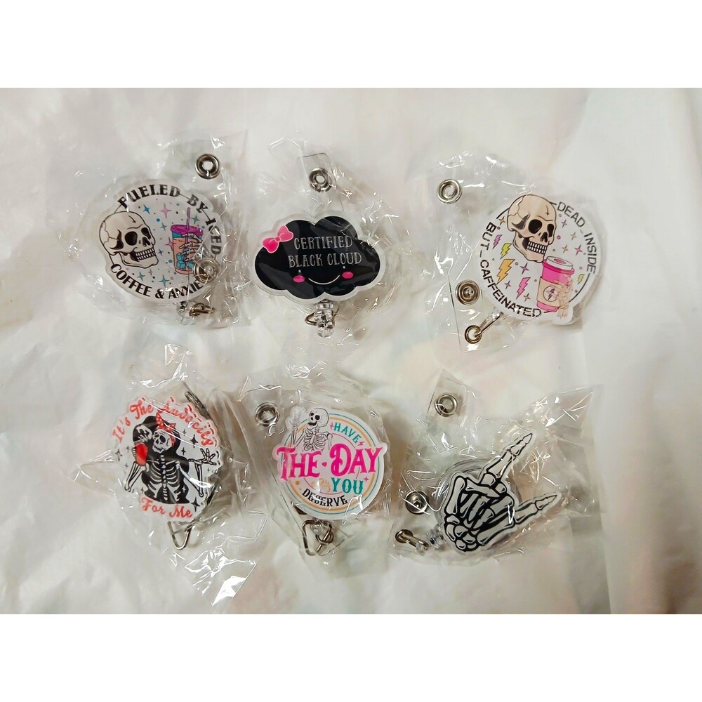 6-Piece Retractable Badge Reel ID/Document Holder Set, Multicolor Skull/Skeleton